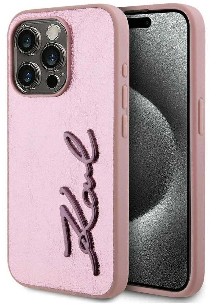 Karl Lagerfeld Wrinkled PU Signature Logo dėklas telefonui iPhone 15 Pro rožinės spalvos
