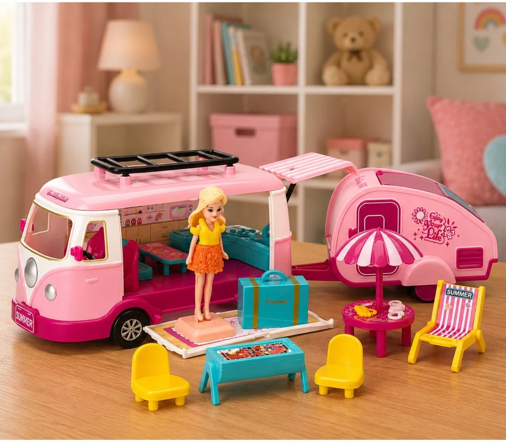 Lean Toys Lėlių kemperio kelioninis rinkinys su priekaba, rožinis, 37 x 11 x 9 cm