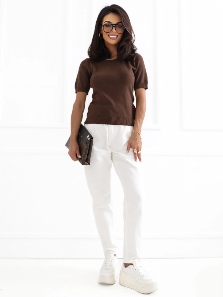 Rudas moteriškas megztinis trumpomis rankovėmis