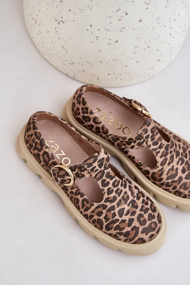 Rudos zomšinės loafer tipo šlepetės su sagtimi, leopardinis raštas Zazoo