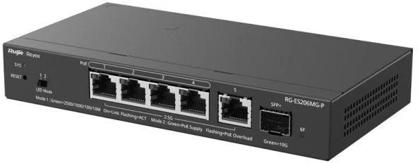 Šakotuvas Ruijie Networks RG-ES206MG-P tinklo komutatorius Valdomas L2 2.5G Ethernet (100/1000/2500) Maitinimas per Eternetą (PoE) Stalinis / tvirtinamas prie sienos Juoda