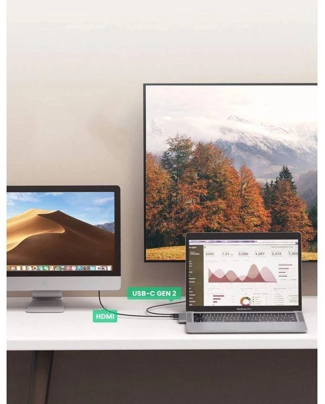 Šakotuvas Ugreen 60559 2x USB-C / USB-C PD (Thunderbolt 3, 100W, 4K 60 Hz, 10 Gbps) / HDMI 4K 30 Hz / 3x USB 3.0 skirtas MacBook Pro / Air - Pilkas
