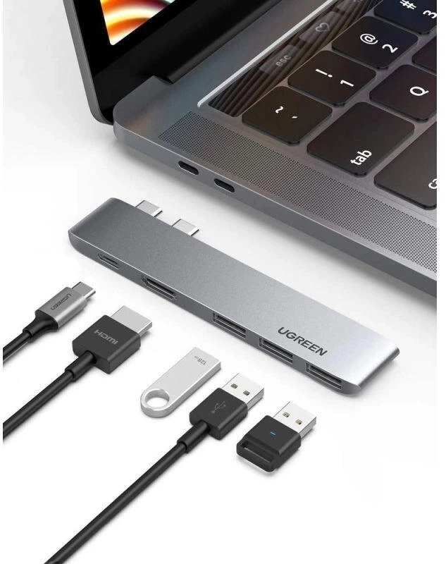 Šakotuvas Ugreen 60559 2x USB-C / USB-C PD (Thunderbolt 3, 100W, 4K 60 Hz, 10 Gbps) / HDMI 4K 30 Hz / 3x USB 3.0 skirtas MacBook Pro / Air - Pilkas