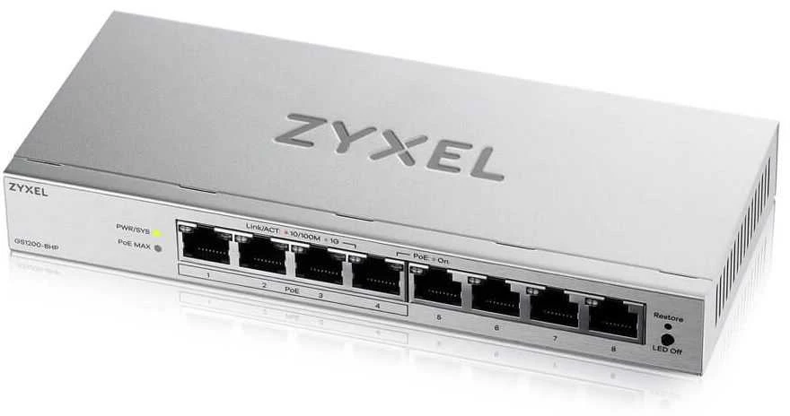 Šakotuvas „Zyxel GS1200-8HPV3“ valdomas L2 gigabito Ethernet (10/100/1000) maitinimas per Ethernet (PoE) darbalaukio pilkas