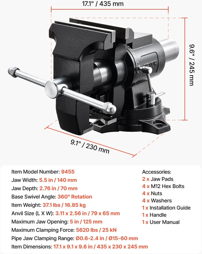 Šaltkalvio spaustuvai VEVOR 9455, 140 mm žiočių plotis