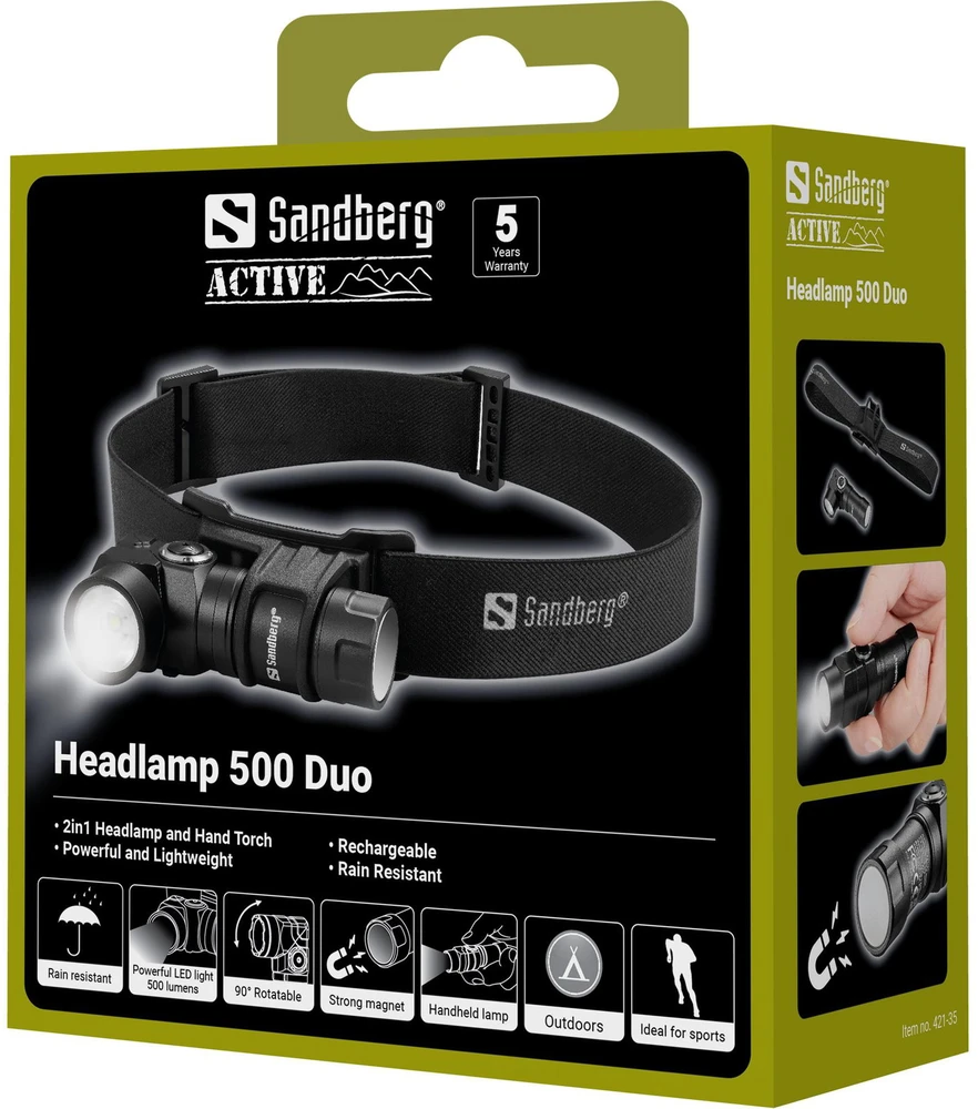 Sandberg Headlamp 500 Duo priekinis ir rankinis žibintuvėlis