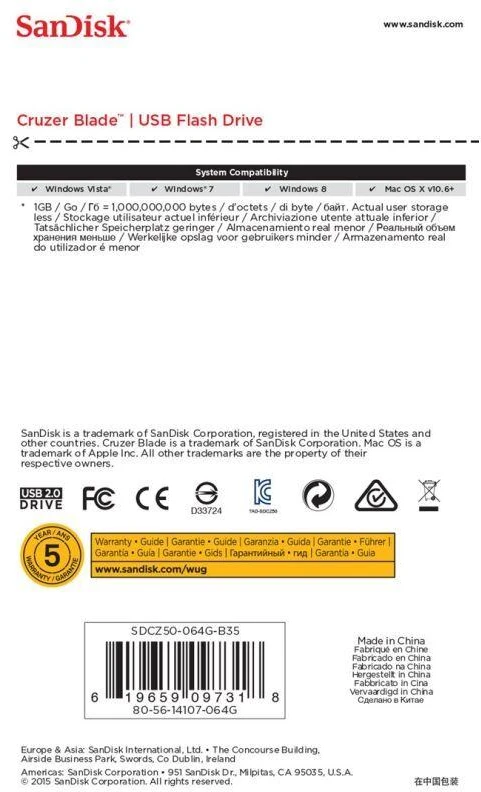SanDisk Cruzer Blade SDCZ50-064G-B35 USB atmintinė (64 GB; USB 2.0; juoda)