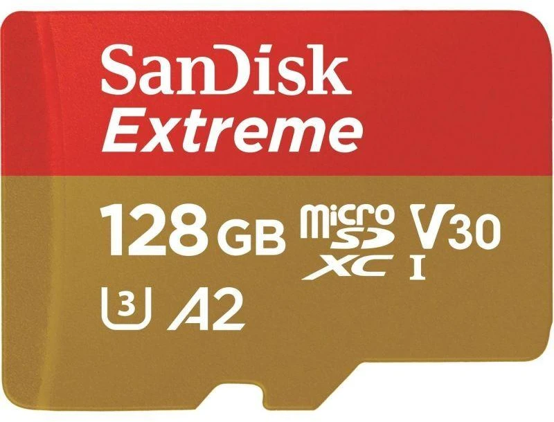 „SANDISK Extreme Micro SDXC 128GB“ veiksmo kameroms ir dronams + SD adapteris + 1 metų „RescuePRO Deluxe“ garantija iki 190 MB/s ir 90 MB/s skaitymo / rašymo greičių, A2, C10, V30, UHS-I, U3.