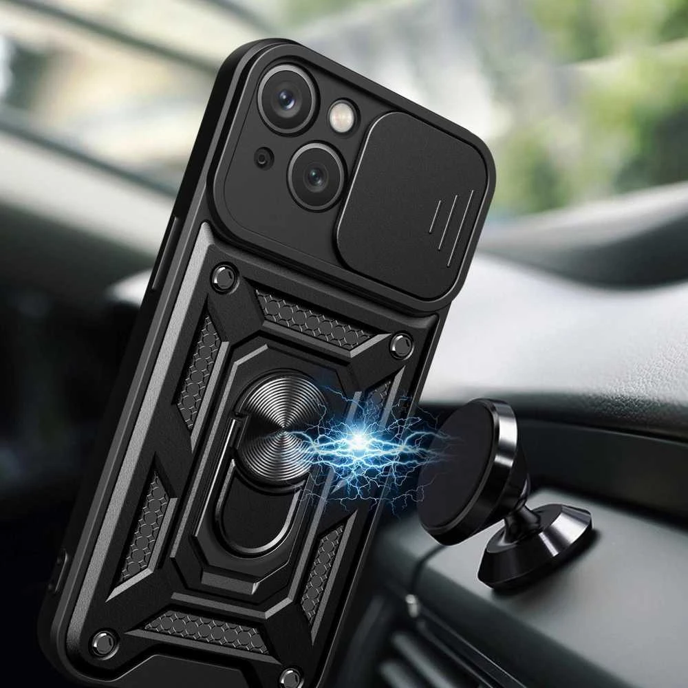 Hurtel Hybrid Armor Camshield su stoveliu ir Camera Apple iPhone 15 Plus – dėklas telefonui mėlynos spalvos