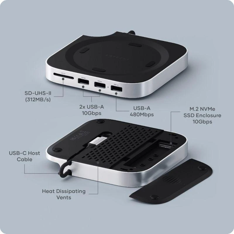 „Satechi“ stovas ir šakotuvas, skirtas „Mac Mini M4/M4 Pro“ (2024) su SSD M.2 NVMe lizdu