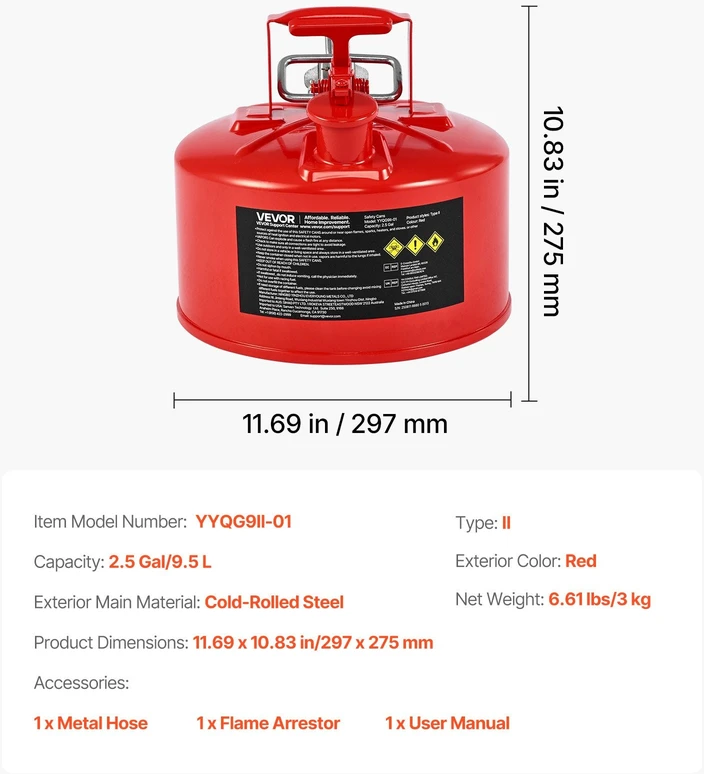 VEVOR Raudona 9,5 L talpos saugos kuro kanistras