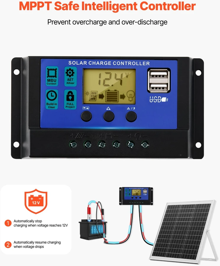 VEVOR 20W 12V saulės baterijų įkroviklis su laikikliu