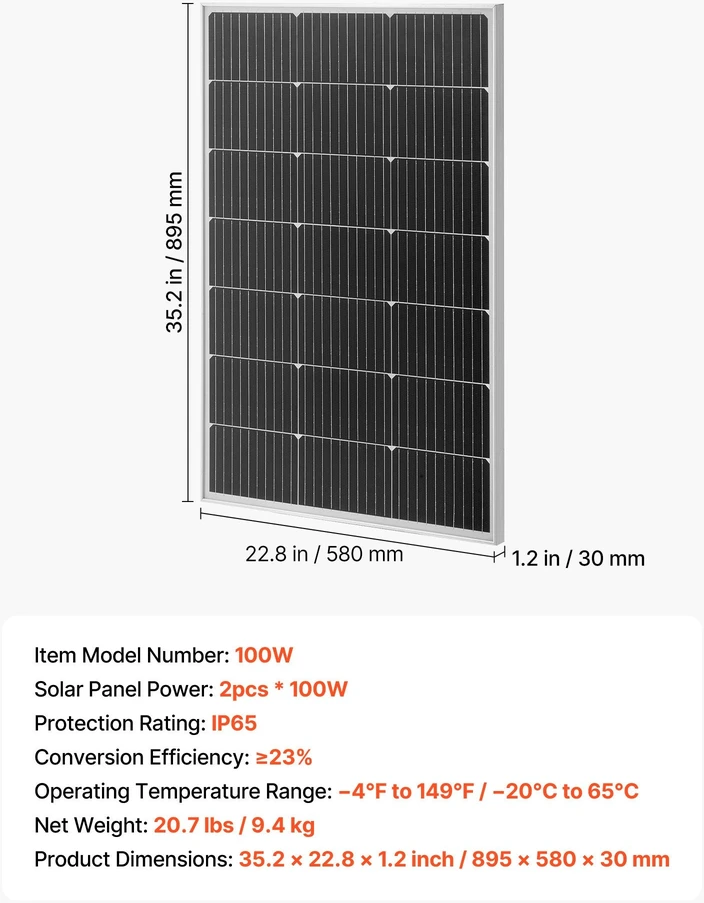 VEVOR 2 vienetų 100W monokristalinės saulės plokštės
