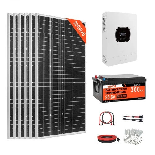 Saulės elektrinės komplektas VEVOR 1200W 24V, 3600W hibridinis inverteris ir 300Ah baterija