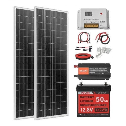 Saulės elektrinės komplektas VEVOR 200W, su 50Ah akumuliatoriumi ir 800W keitikliu