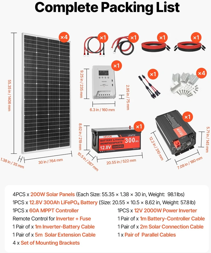 Saulės elektrinės komplektas VEVOR 800W 12V, 300Ah LiFePO₄