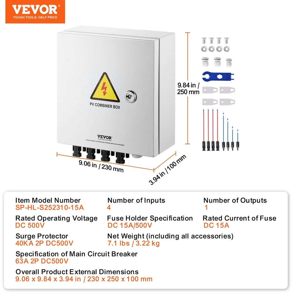 VEVOR Saulės fotoelektrinė kombinuoti dėžė 4 gijų 15A IP65