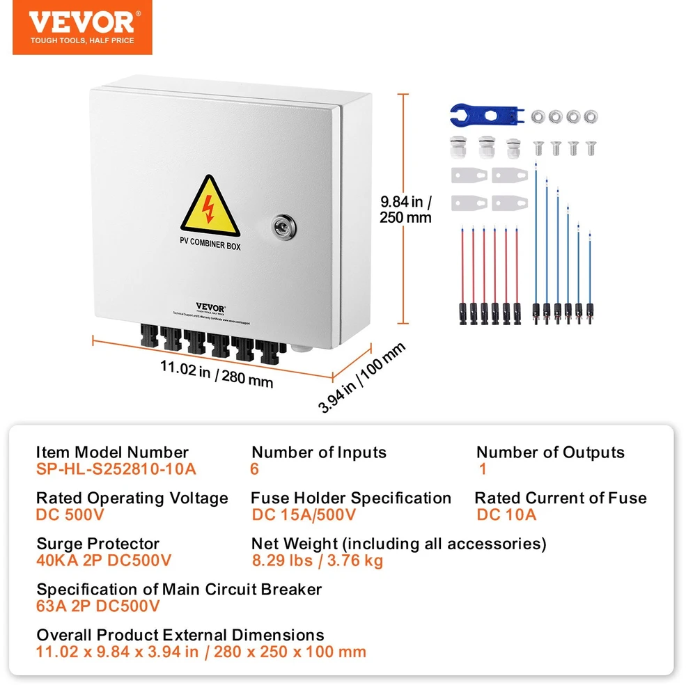 VEVOR Saulės PV skirstymo dėžė 6 linijų, 10A IP65