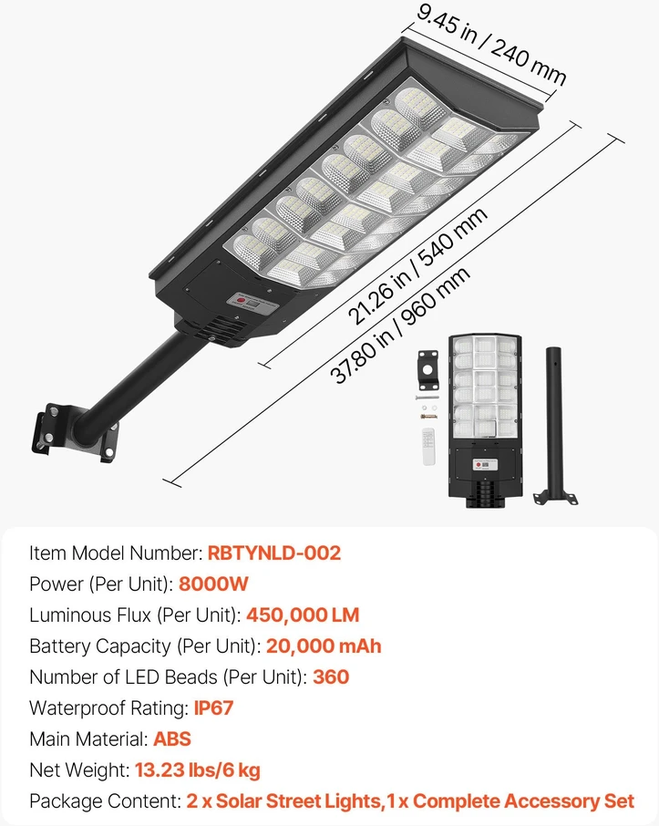 VEVOR 8000W saulės gatvės žibintai lauko apšvietimui