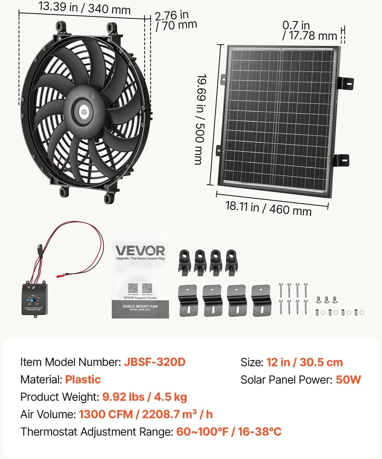 Saulės energija varomas palėpės ventiliatorius VEVOR JBSF-320D, 1300 CFM