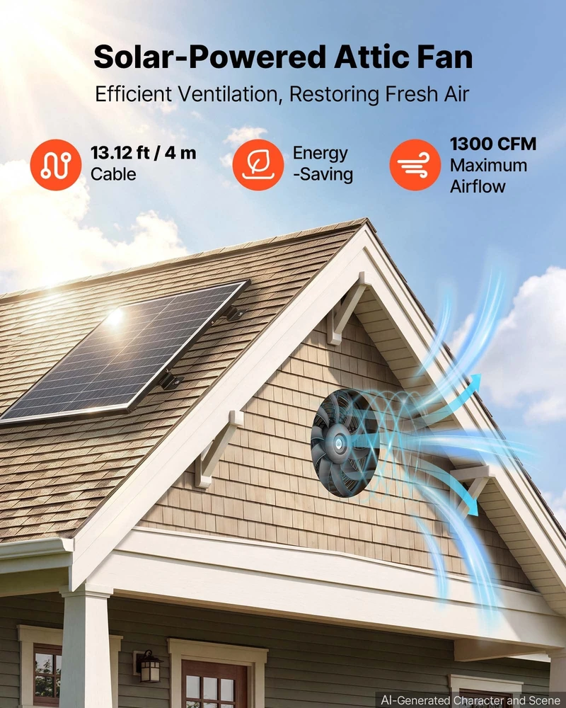 Saulės energija varomas palėpės ventiliatorius VEVOR JBSF-320D, 1300 CFM