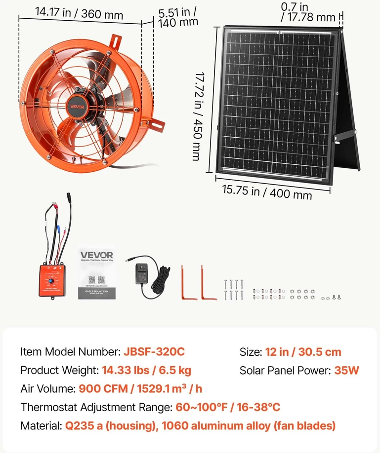 Saulės energija varomas ventiliatorius VEVOR JBSF-320C, 1529 m³/h
