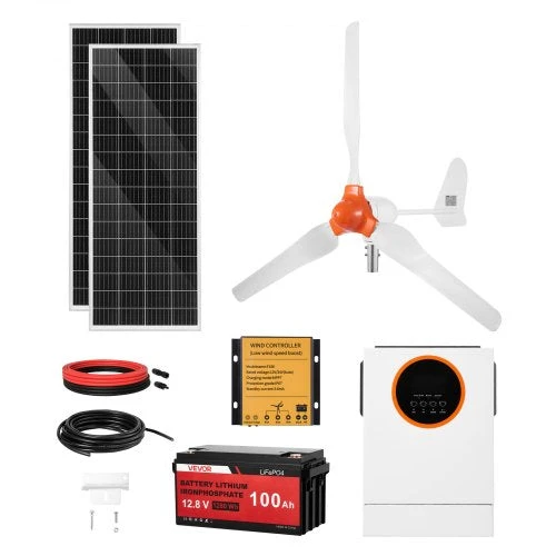 Saulės ir vėjo energijos rinkinys VEVOR 600W, su 100Ah akumuliatoriumi ir 1000W inverteriu