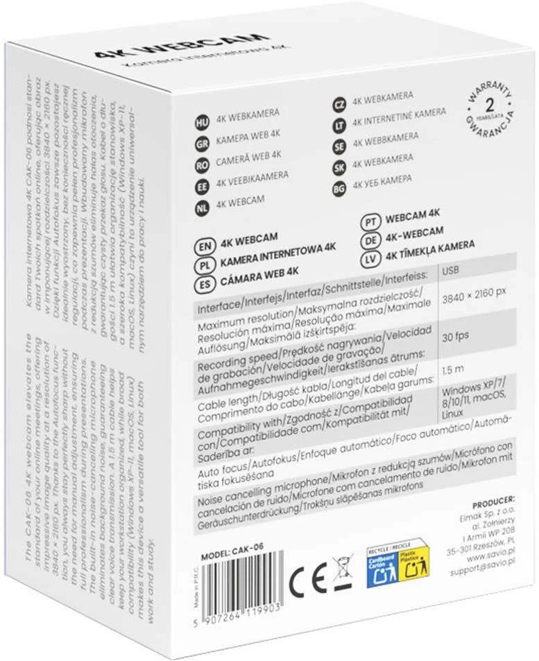 Savio CAK-06 webcam 3840 x 2160 pikselių USB Juodas