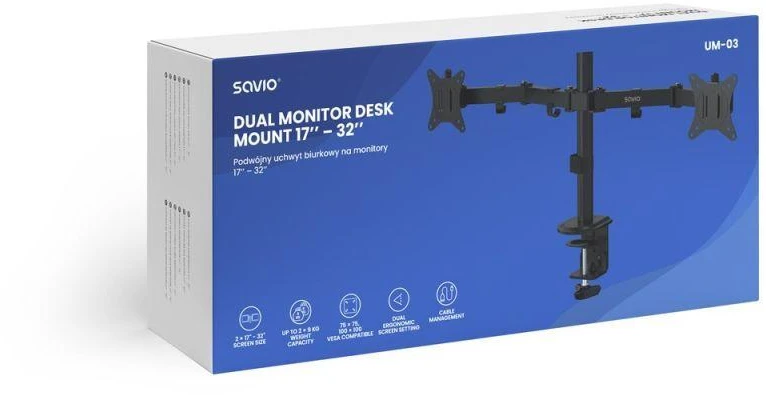 „Savio UM-03“ dvigubas stalo laikiklis, skirtas „Monitorius“ 17–32 colių monitoriams