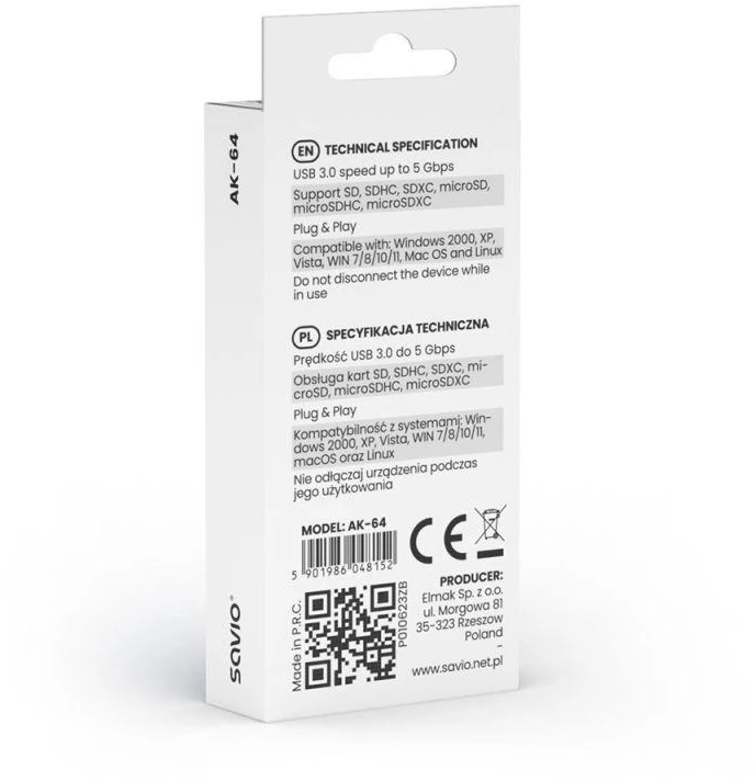 SAVIO SD kortelių skaitytuvas, USB 3.0, AK-64