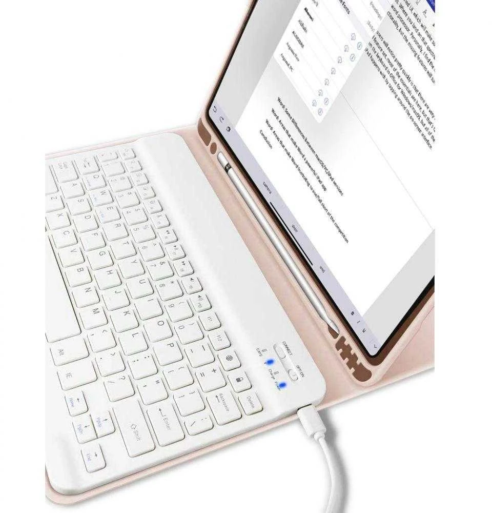 4Kom Tech-Protect SC Pen + klaviatūra su klaviatūra Apple iPad D 10.9” 10 / 2022 / 11” 11 / 2025 – dėklas planšetiniam kompiuteriui rožinės spalvos