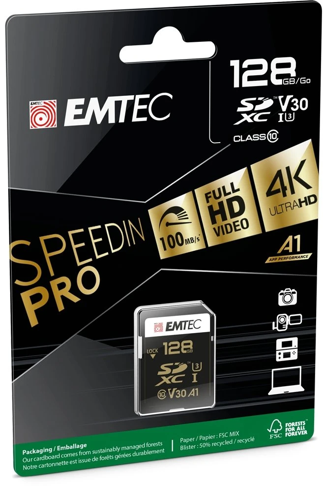 SDXC atminties kortelė UHS-I U3 Emtec SpeedIN Pro, 128 GB