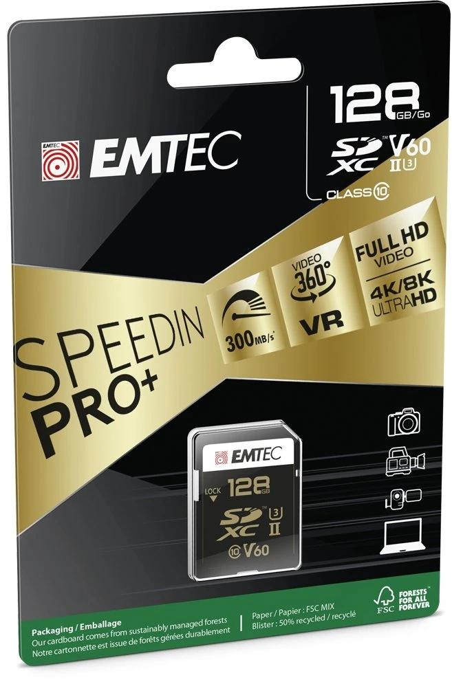 SDXC atminties kortelė UHS-II V60 Emtec SpeedIN Pro+, 128 GB