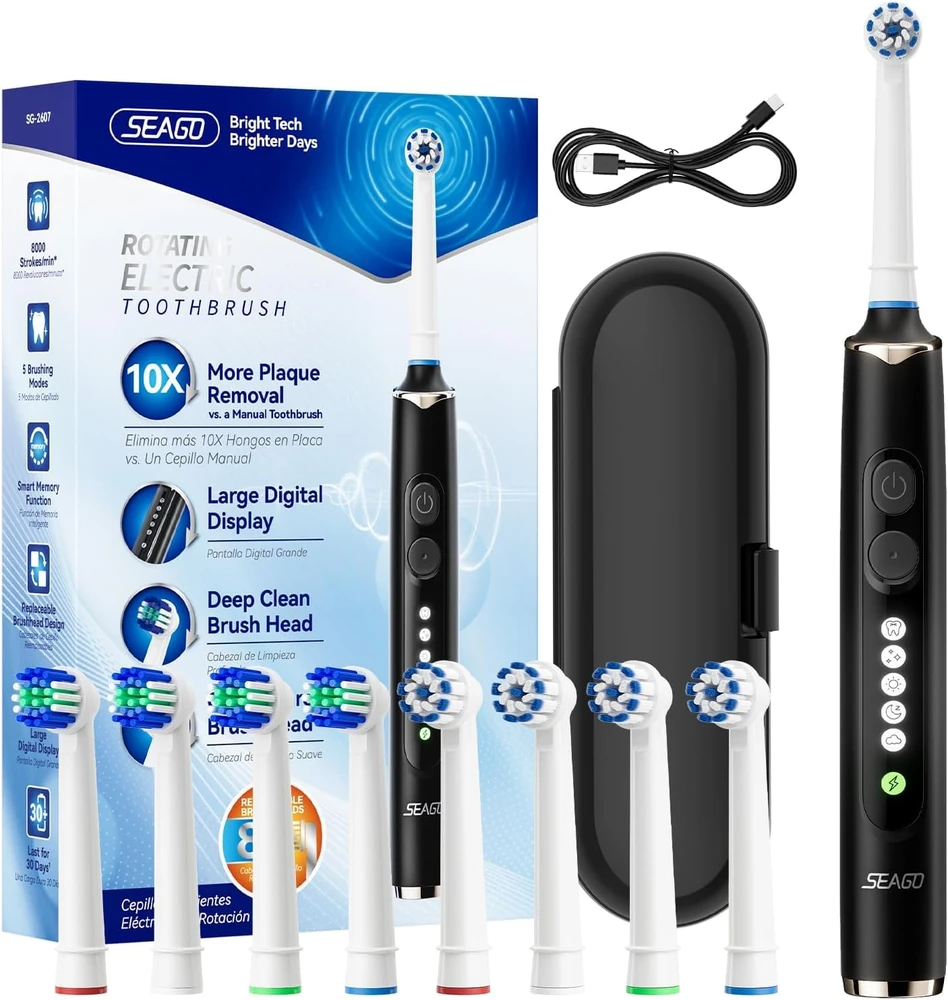Seago elektrinis sukamasis dantų šepetėlis su 8 galvutėmis, 5 režimais ir USB-C, SG-2607