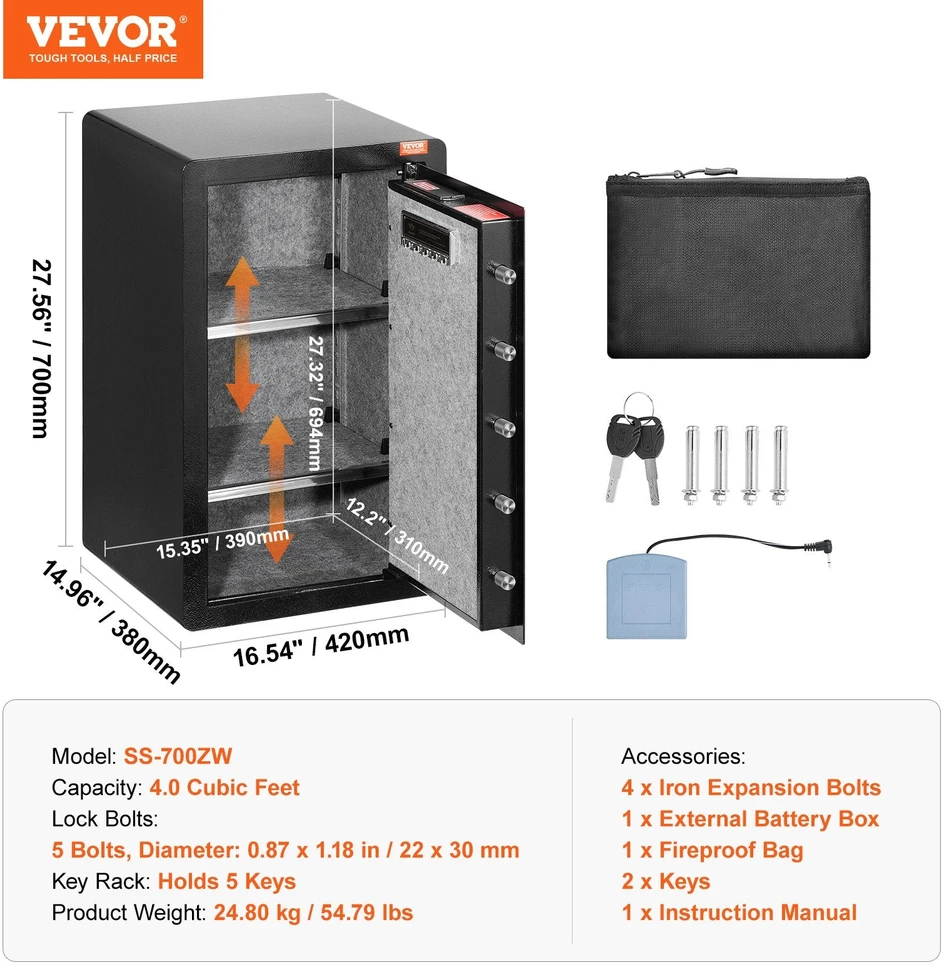 VEVOR Vieno durų 99 l seifas su užraktu ir pirštų atspaudais
