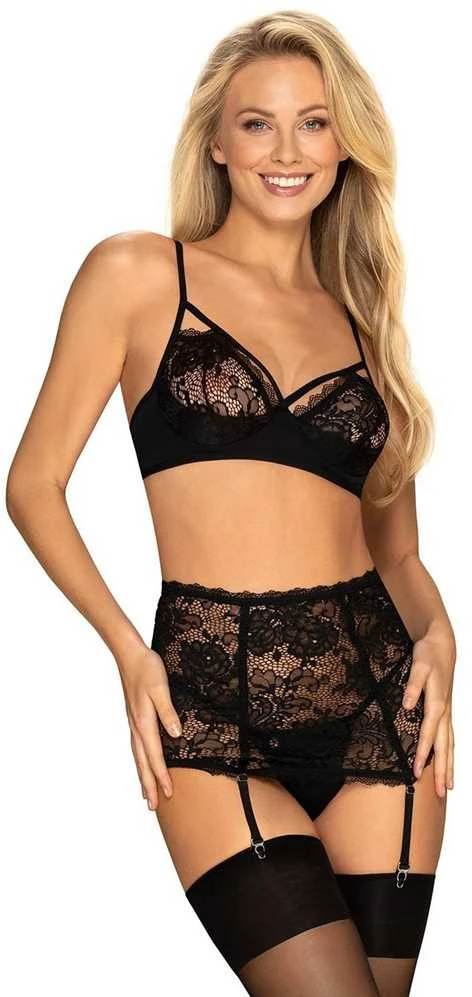 Obsessive - Peonesia 3 Pcs Set Juodas S/M 3 dalių apatinių komplektas