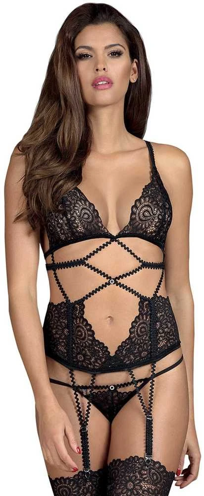 Obsessive - Mixty Corset & Thong Juodas L/XL korseto ir stringų rinkinys