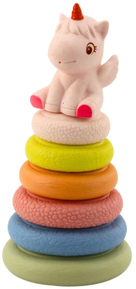 Lean Toys Sensorinė piramidė vaikams su vienaragiu, minkšta ekologiška guma, 18x9 cm