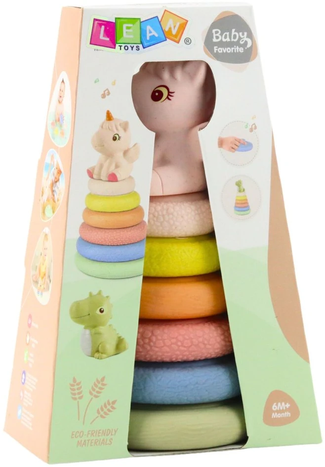 Lean Toys Sensorinė piramidė vaikams su vienaragiu, minkšta ekologiška guma, 18x9 cm