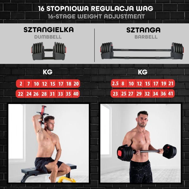Reguliuojamų hantelių rinkinys 2 viename SGR40 PRO 40 kg HMS