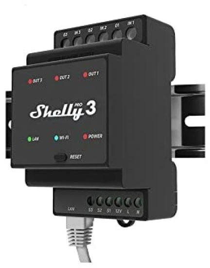 Shelly Pro 3 išmanioji 3 kanalų 3 fazių relė su Wi-Fi, LAN ir Bluetooth ryšiu
