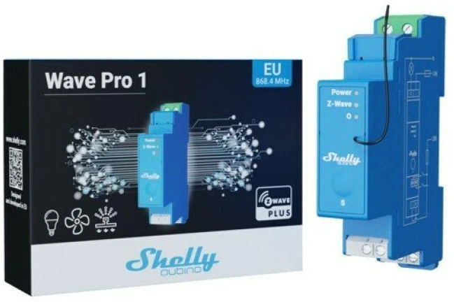 Shelly Qubino Wave Pro 1 profesionalus 1 kanalo DIN bėgio išmanusis jungiklis su sausais kontaktais.