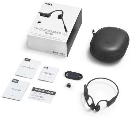 SHOKZ OpenComm2 UC 2025 atnaujintos belaidės Bluetooth kaulų laidumo vaizdo konferencijų ausinės su USB-C įkrovimo prievadu ir USB-C adapteriu | 16 val. pokalbių laiko, 29 m belaidžio ryšio atstumas, 1 val. įkrovimo laikas | Pridėtas triukšmą slopinantis mikrofono kotas ir dongle, juoda