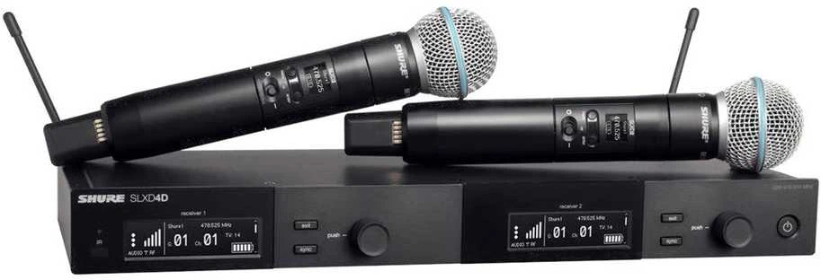 Shure SLXD24DE/B58-G59 - dviejų kanalų skaitmeninė belaidė sistema su dviem siųstuvais/rankiniais mikrofonais (470 - 514 MHz)