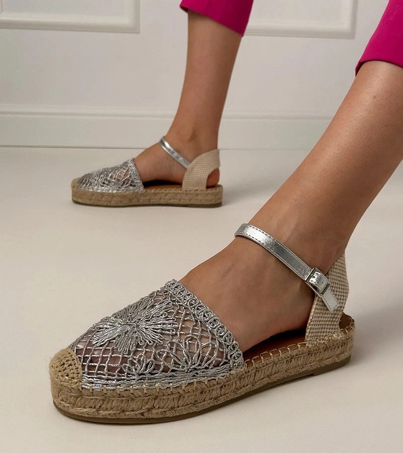 Sidabrinės ažūrinės espadrilės sandalai moterims