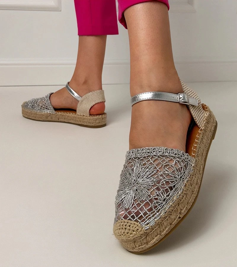 Sidabrinės ažūrinės espadrilės sandalai moterims