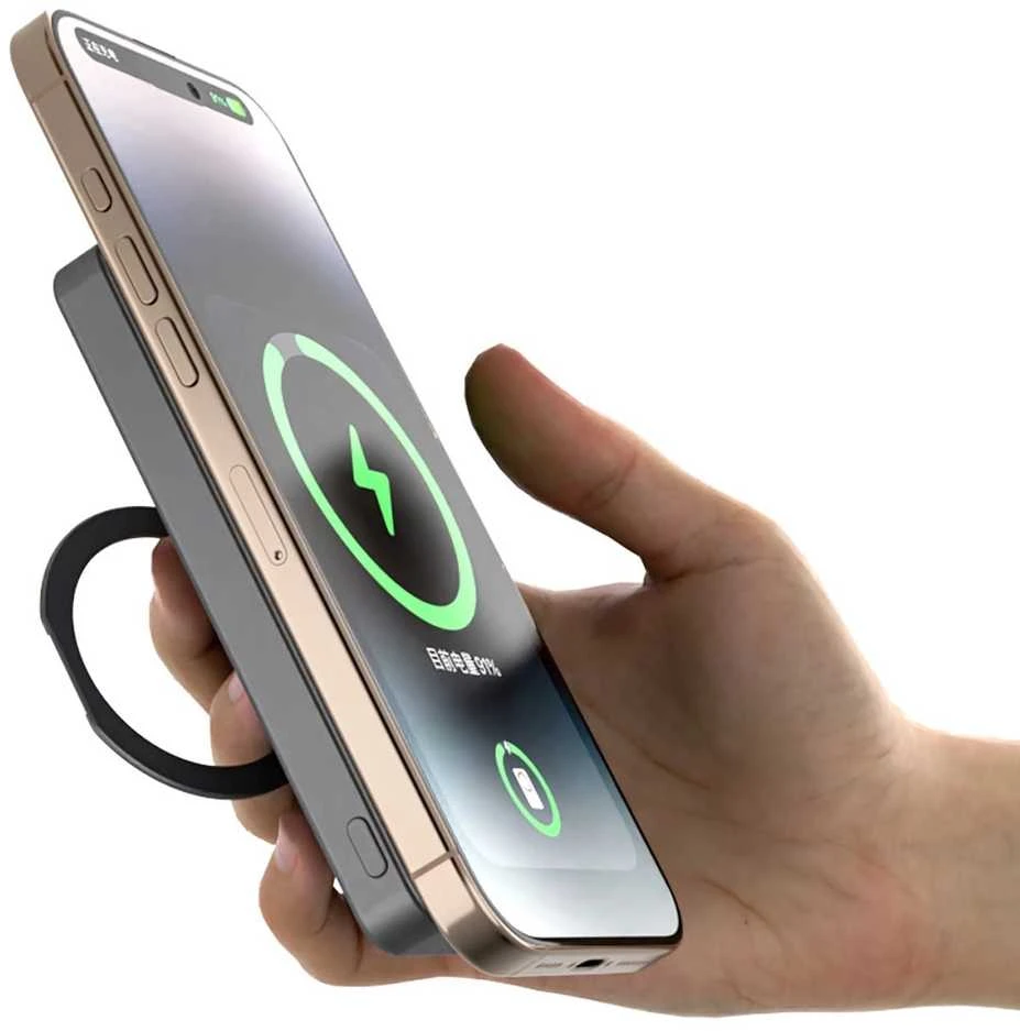 Dudao K28 10000mAh PD 22.5W „MagSafe“ išorinė baterija su metaliniu dėklu ir žiediniu stovu – sidabro spalvos