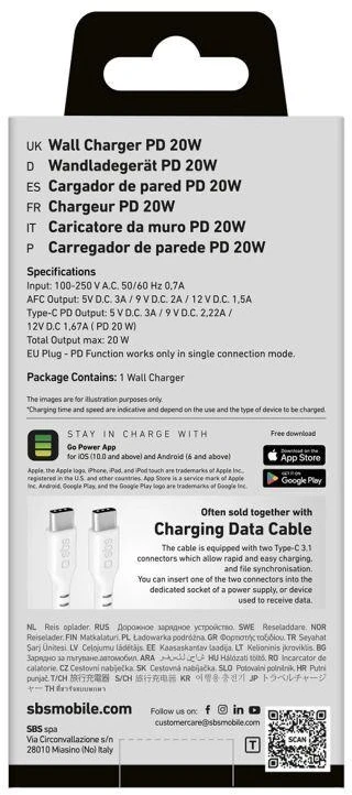 Sieninis įkroviklis 20W USB-A USB-C su Power Delivery - Baltas SBS TETRPD20W