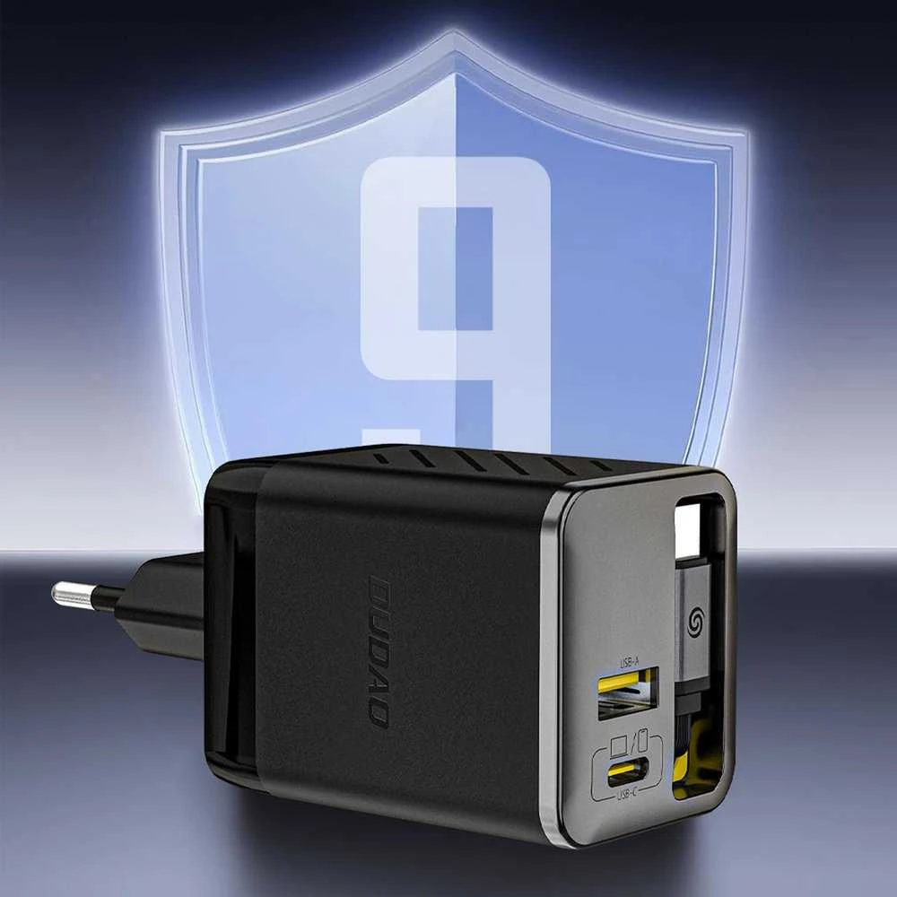 Dudao A67EU GaN 67W sieninis įkroviklis su integruotu ištraukiamu USB-C maitinimo laidu greitam įkrovimui - Juodas