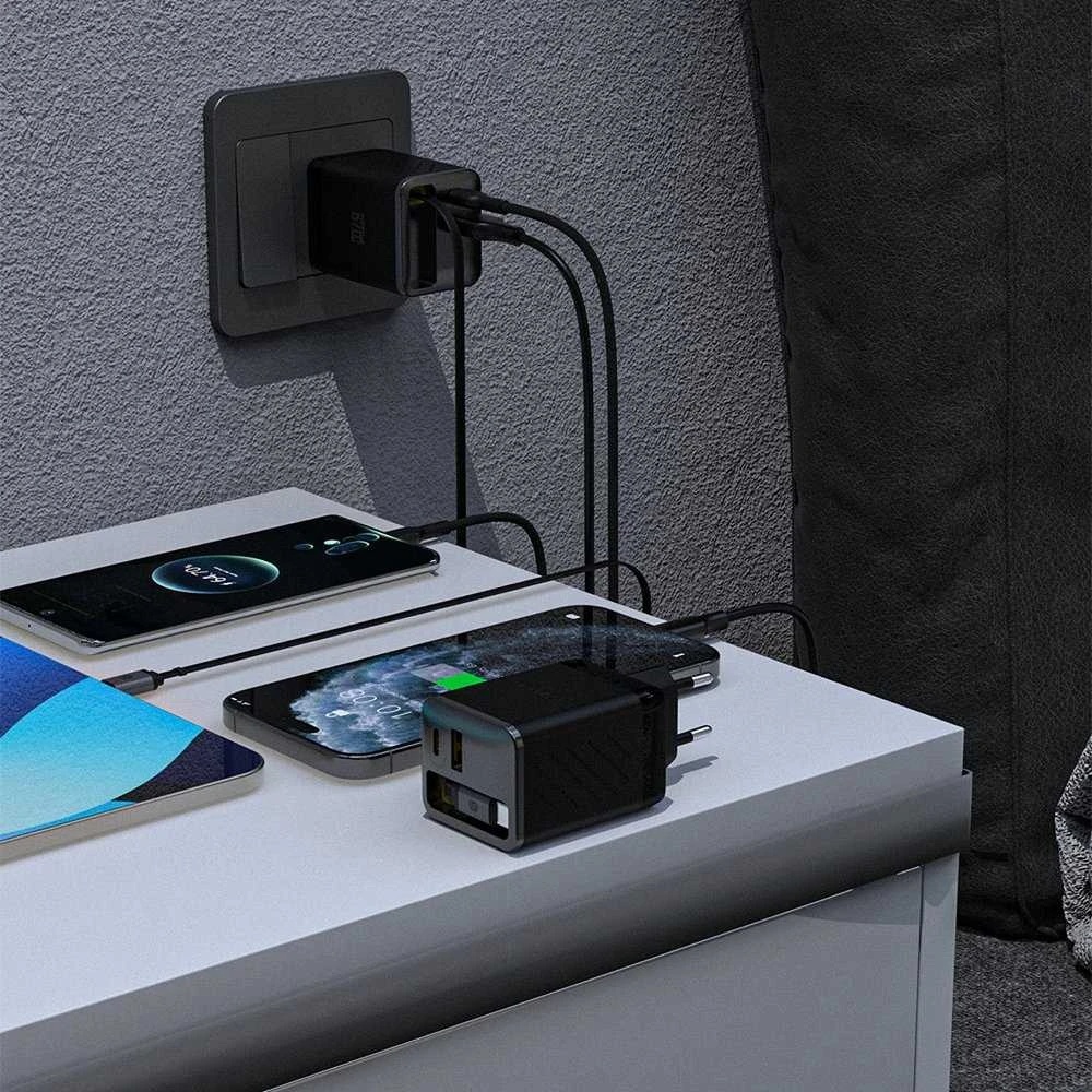 Dudao A67EU GaN 67W sieninis įkroviklis su integruotu ištraukiamu USB-C maitinimo laidu greitam įkrovimui - Juodas